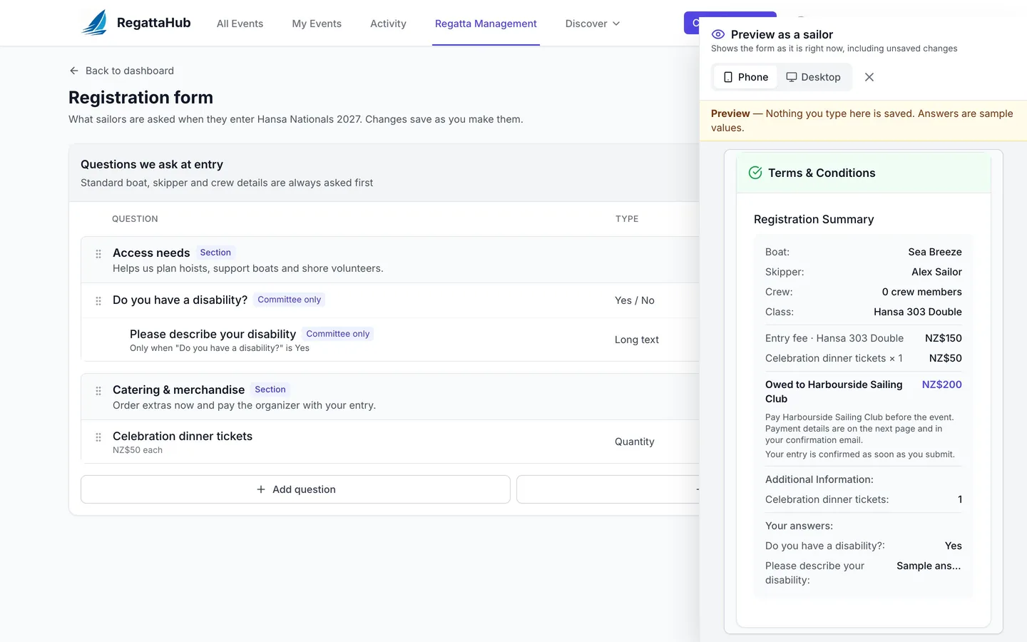 The Preview as a sailor panel showing an entry form with a follow-up question and an itemised total