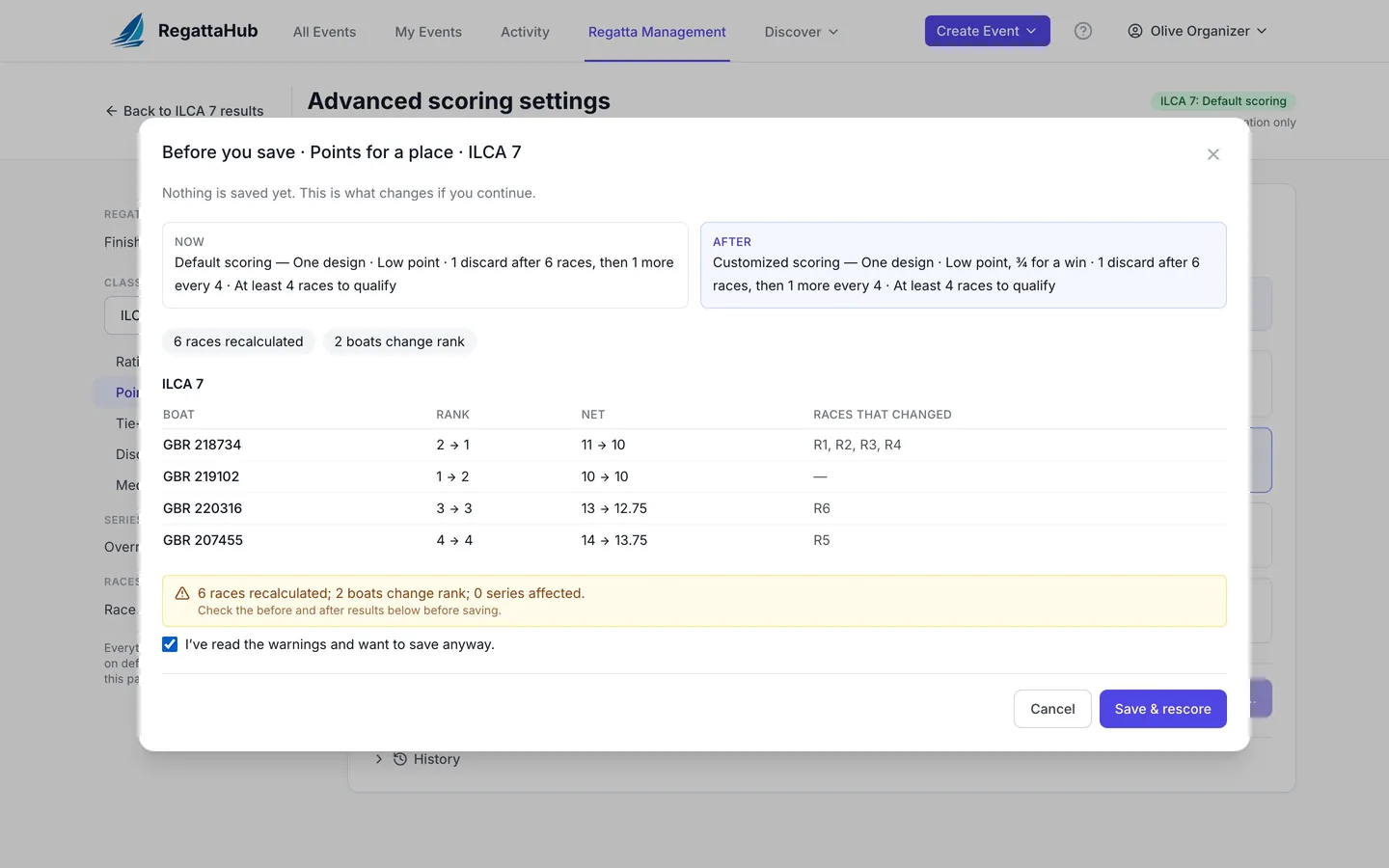 A before-and-after preview listing each boat whose rank and net points change